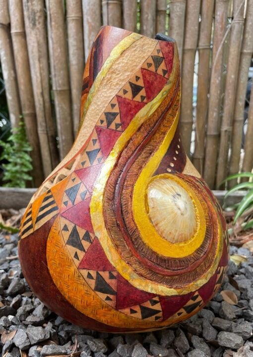 Kapa & Polynesian Tattoo Gourd with Opihi Shells by Neola Caveny - NEC136